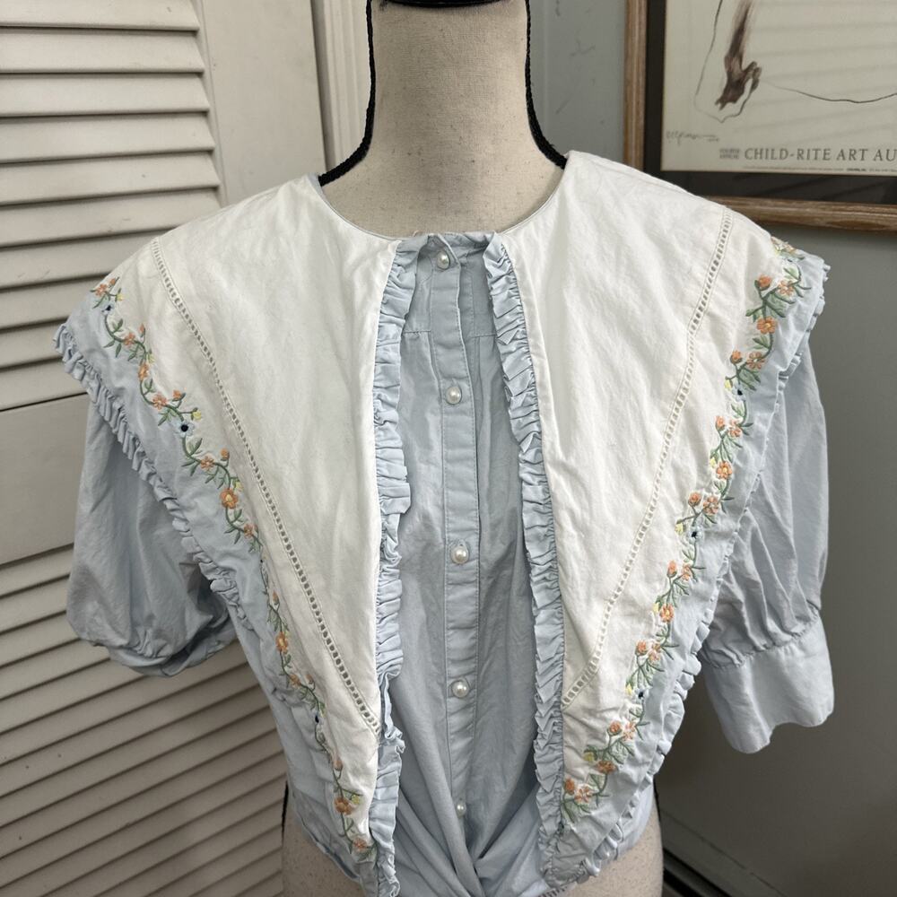 Damson Madder Light Blue Cotton Blouse with White Embroidered Collar